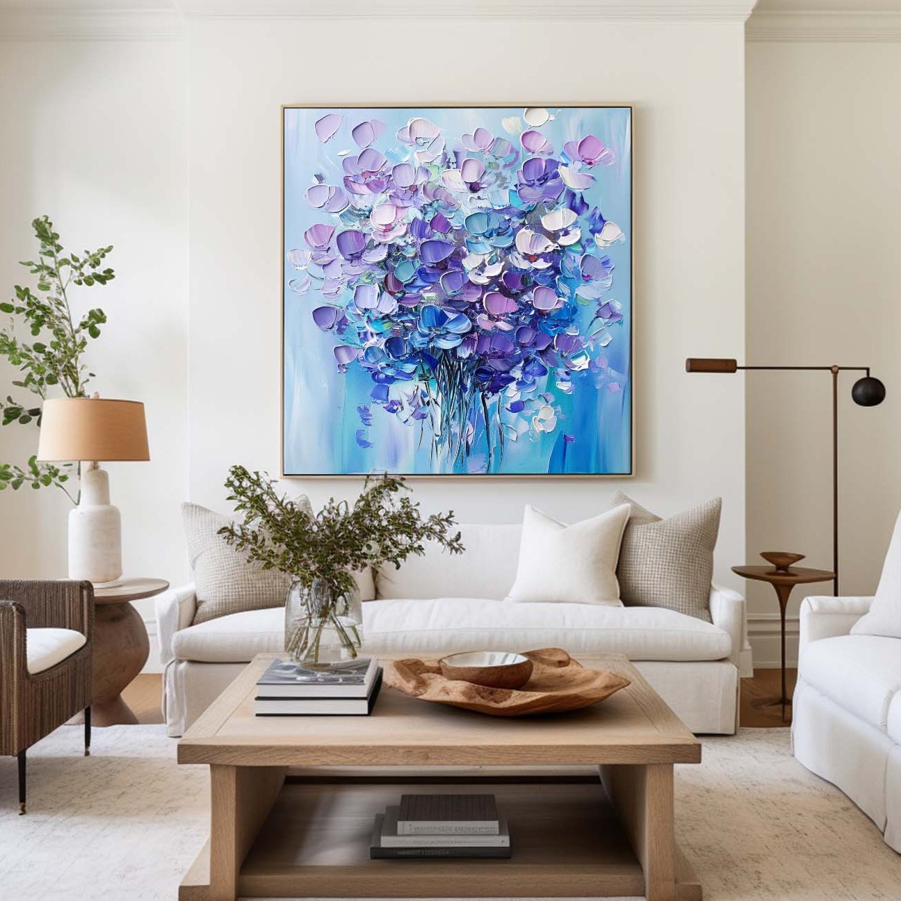 Vibrant Floral Abstract Oil Painting in Blue and Purple Tones for Modern Decor