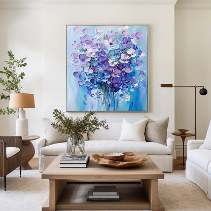 Vibrant Floral Abstract Oil Painting in Blue and Purple Tones for Modern Decor