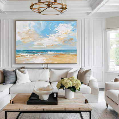 Tranquil Beach Painting with Serene Blue Sky and Gentle Waves