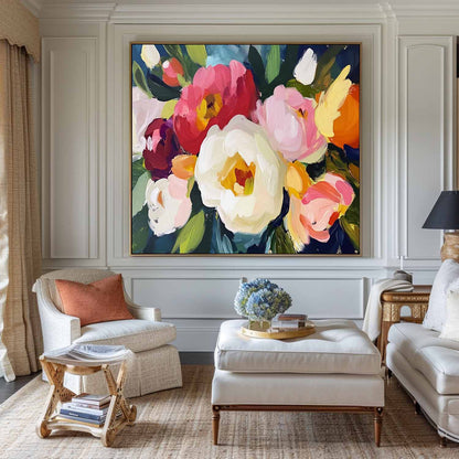 Vibrant Floral Oil Painting: Bold Colors and Modern Abstract Art for Home Decor