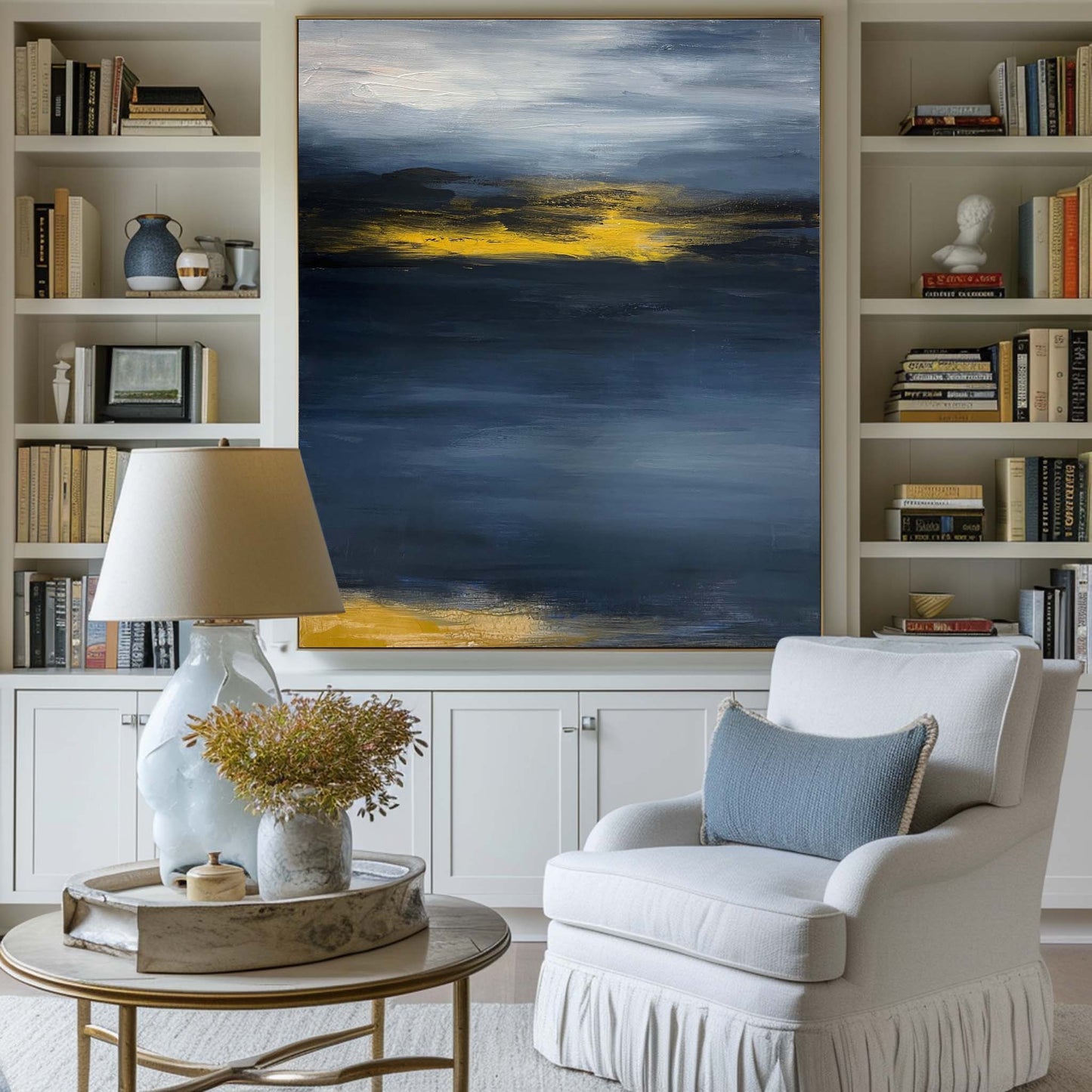Contemporary Abstract Oil Painting with Dynamic Blue and Yellow Hues