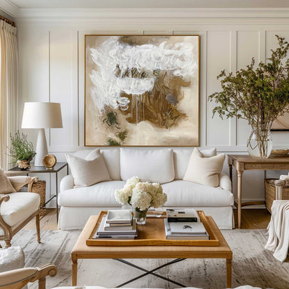 Contemporary Abstract Oil Painting with Textured White and Earth Tones