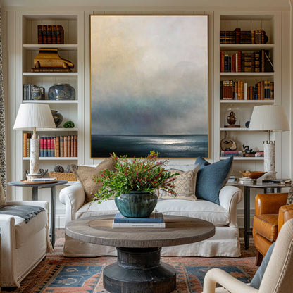 Serene Modern Abstract Ocean Landscape Oil Painting for Home Decor