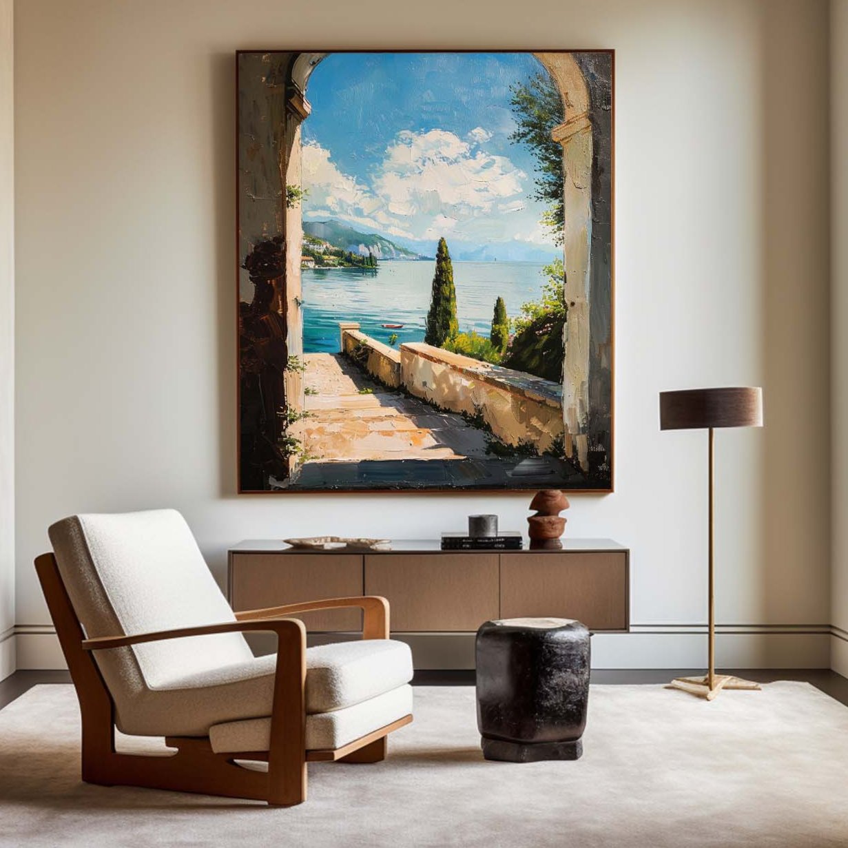 Picturesque Ocean View: Vibrant Oil Painting of Serene Lake and Nature
