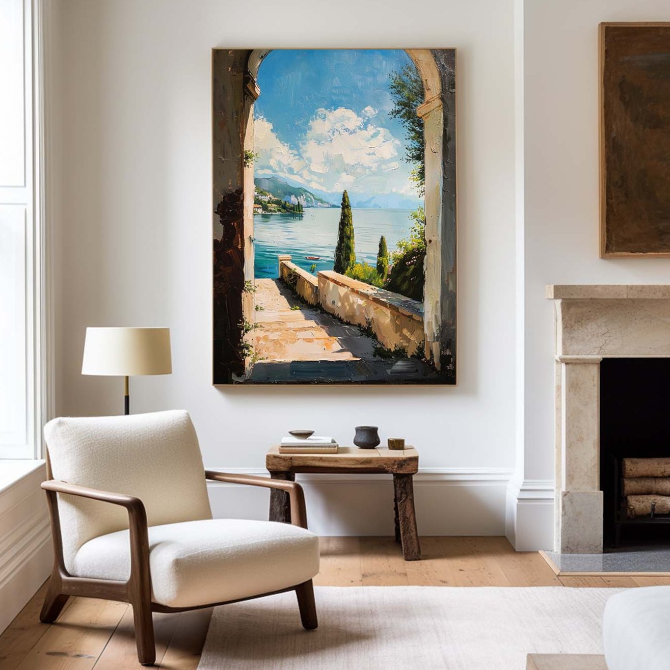 Picturesque Ocean View: Vibrant Oil Painting of Serene Lake and Nature