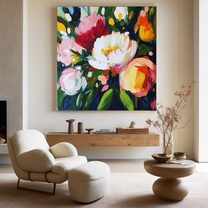 Vibrant Floral Oil Painting with Bold Colors and Modern Abstract Design
