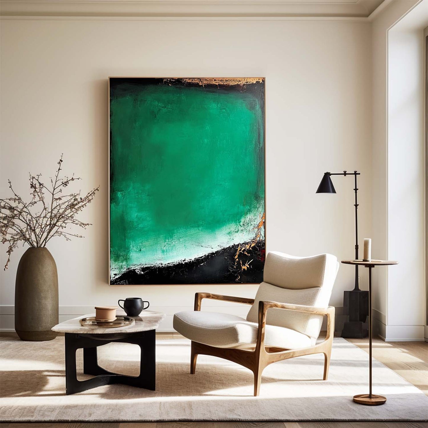 Vibrant Green and Black Modern Abstract Oil Painting for Contemporary Decor