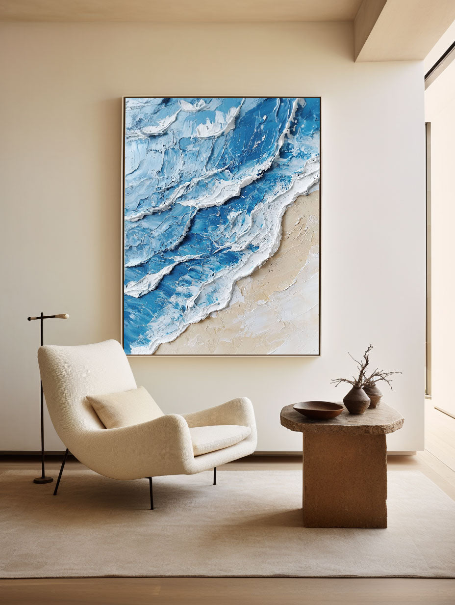 Stunning Blue and White Ocean Wave Oil Painting for Coastal Home Decor