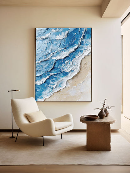 Stunning Blue and White Ocean Wave Oil Painting for Coastal Home Decor