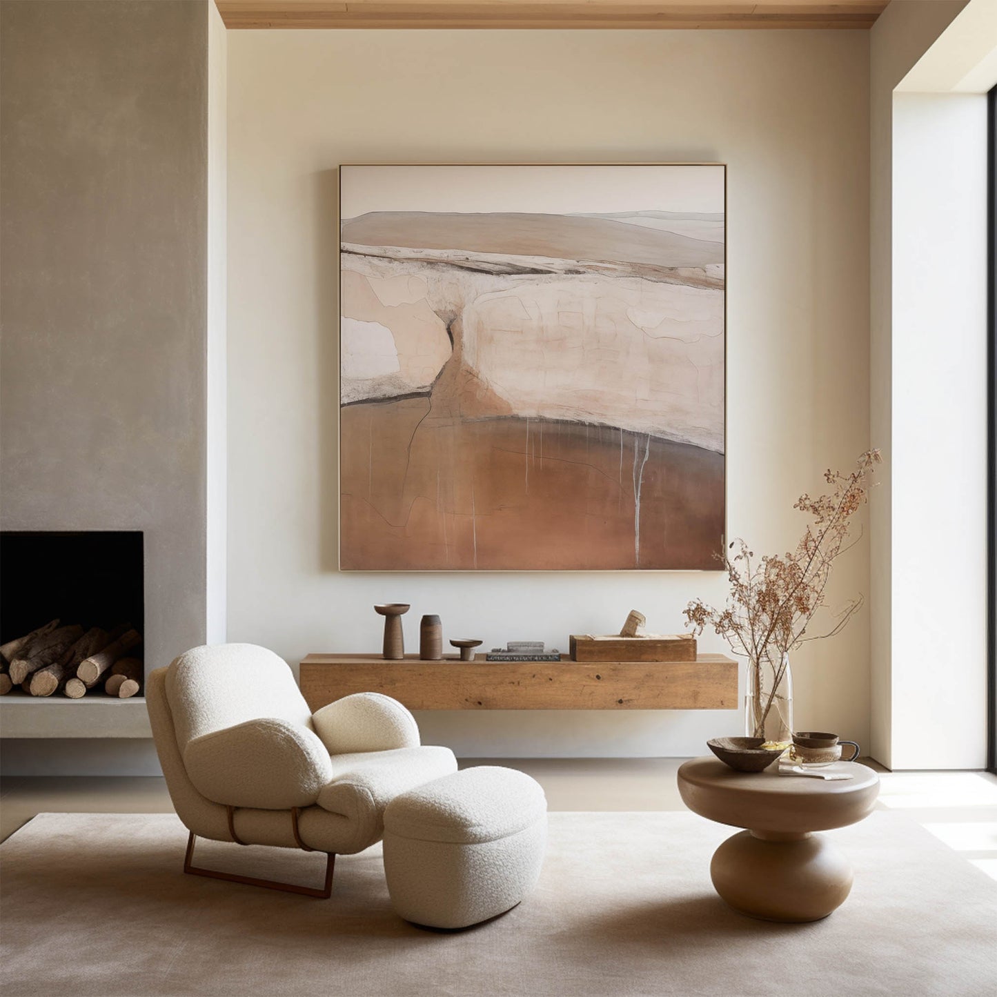 Contemporary Beige and Brown Abstract Oil Painting for Modern Home Decor