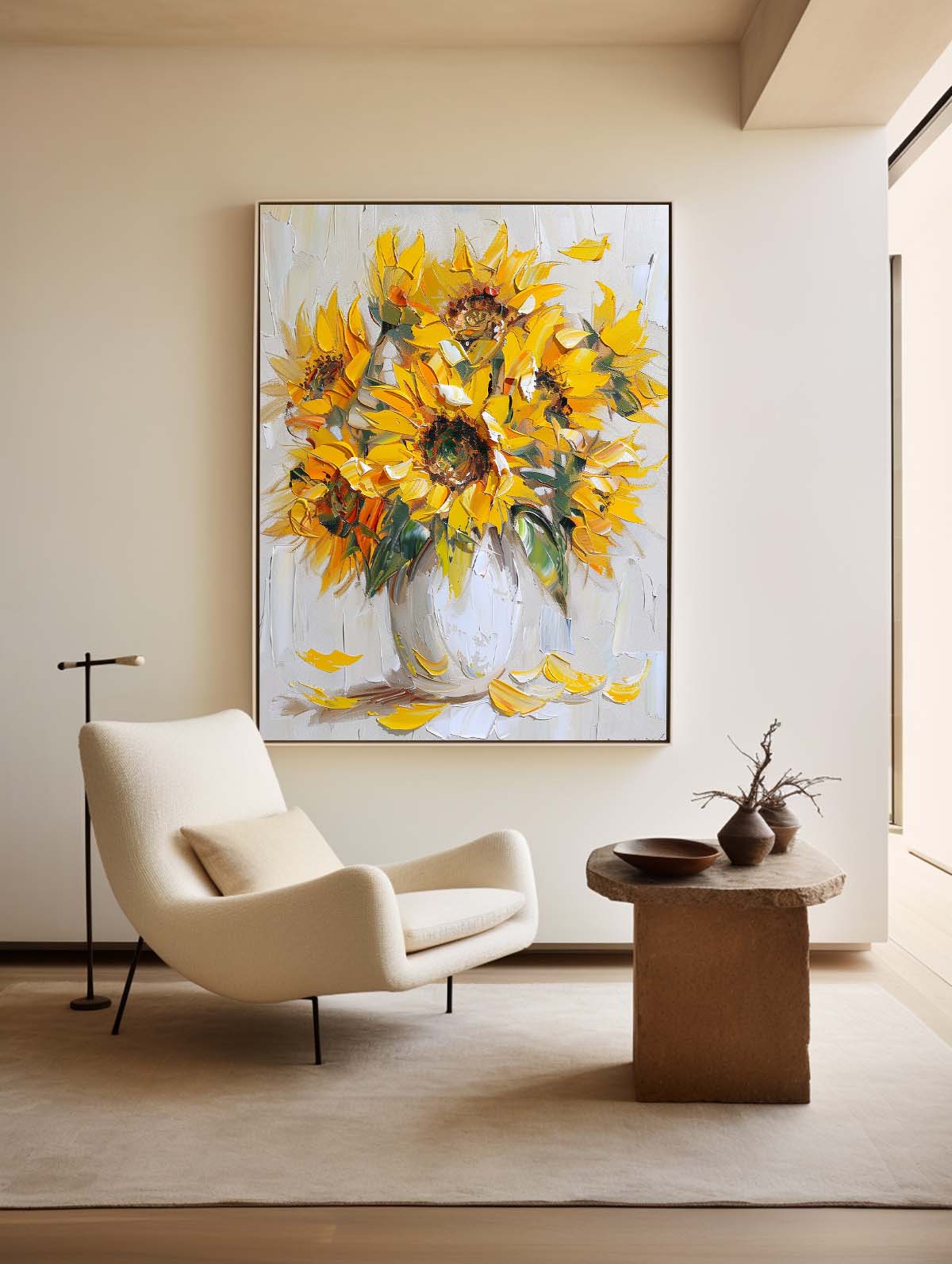 Vibrant Sunflower Bouquet in White Vase | Original Oil Painting Decor