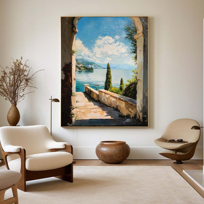 Picturesque Ocean View: Vibrant Oil Painting of Serene Lake and Nature