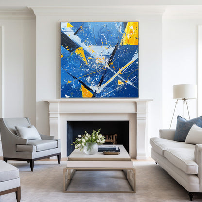 Vibrant Abstract Ocean Waves Oil Painting with Energetic Blue and Yellow Colors
