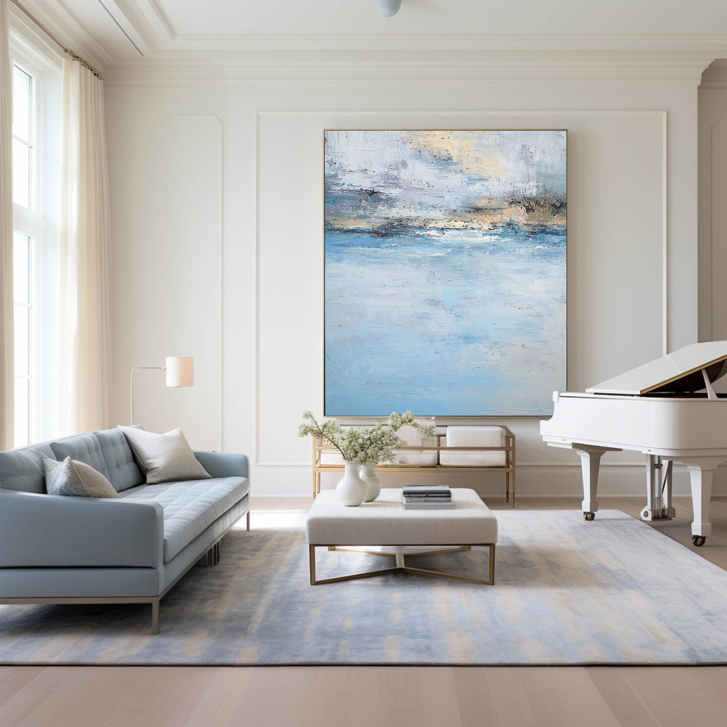 Serene Beach Sunset Oil Painting in Tranquil Blues and Gold Hues