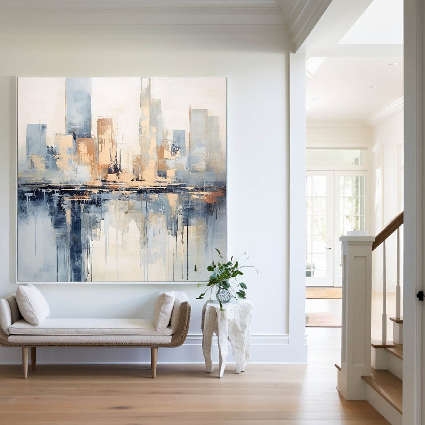 Contemporary Cityscape Oil Painting with Abstract Reflections