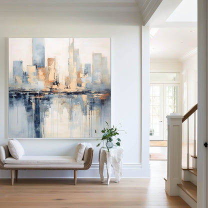 Contemporary Cityscape Oil Painting with Abstract Reflections