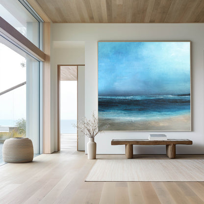 Stunning Blue Ocean Horizon Abstract Oil Painting for Coastal Home Decor
