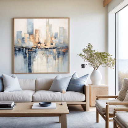 Contemporary Cityscape Oil Painting with Abstract Reflections