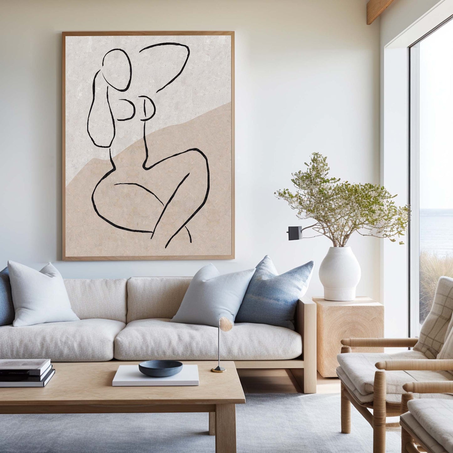 Stylish Beige Abstract Oil Painting with Minimalist Female Figure Art