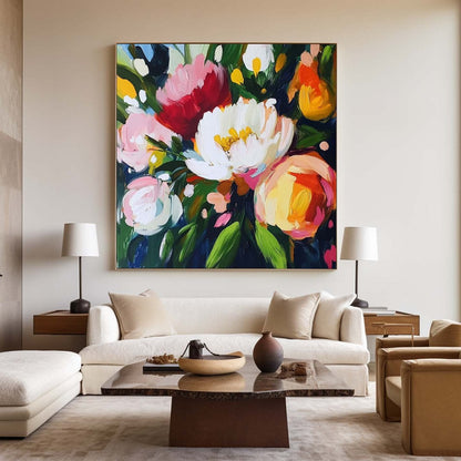 Vibrant Floral Oil Painting with Bold Colors and Modern Abstract Design