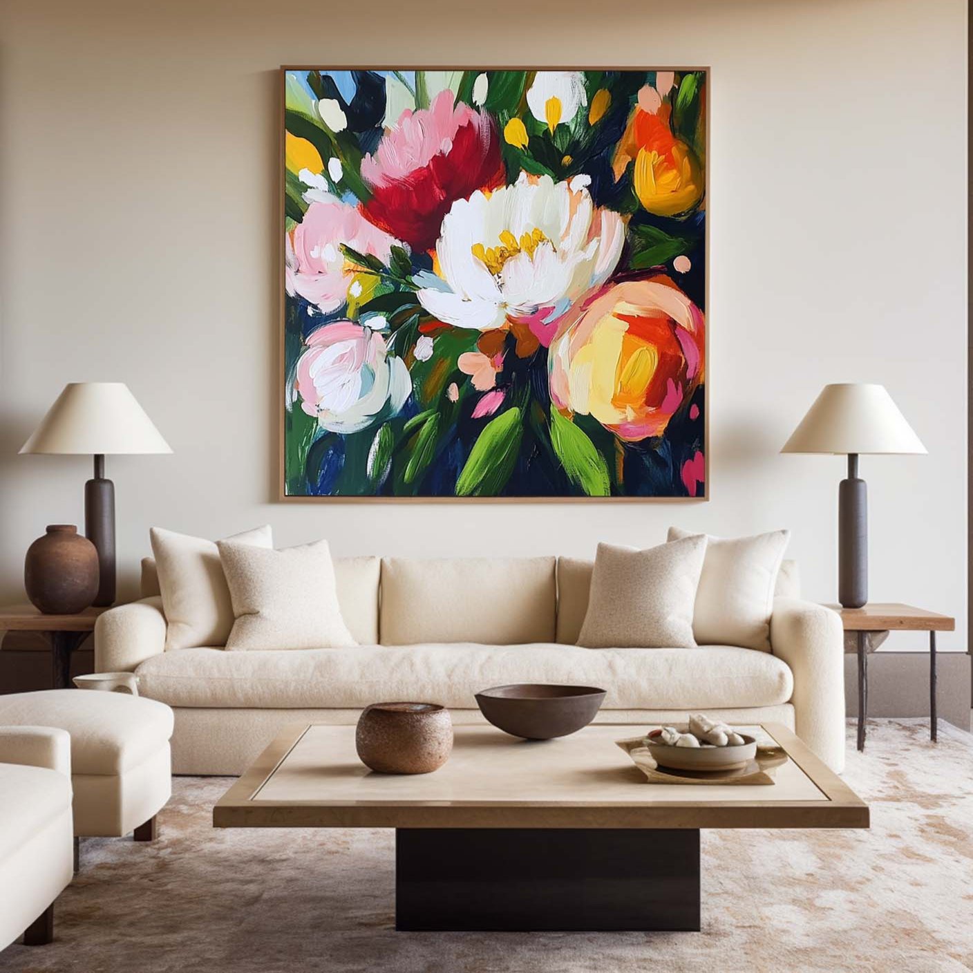Vibrant Floral Oil Painting with Bold Colors and Modern Abstract Design