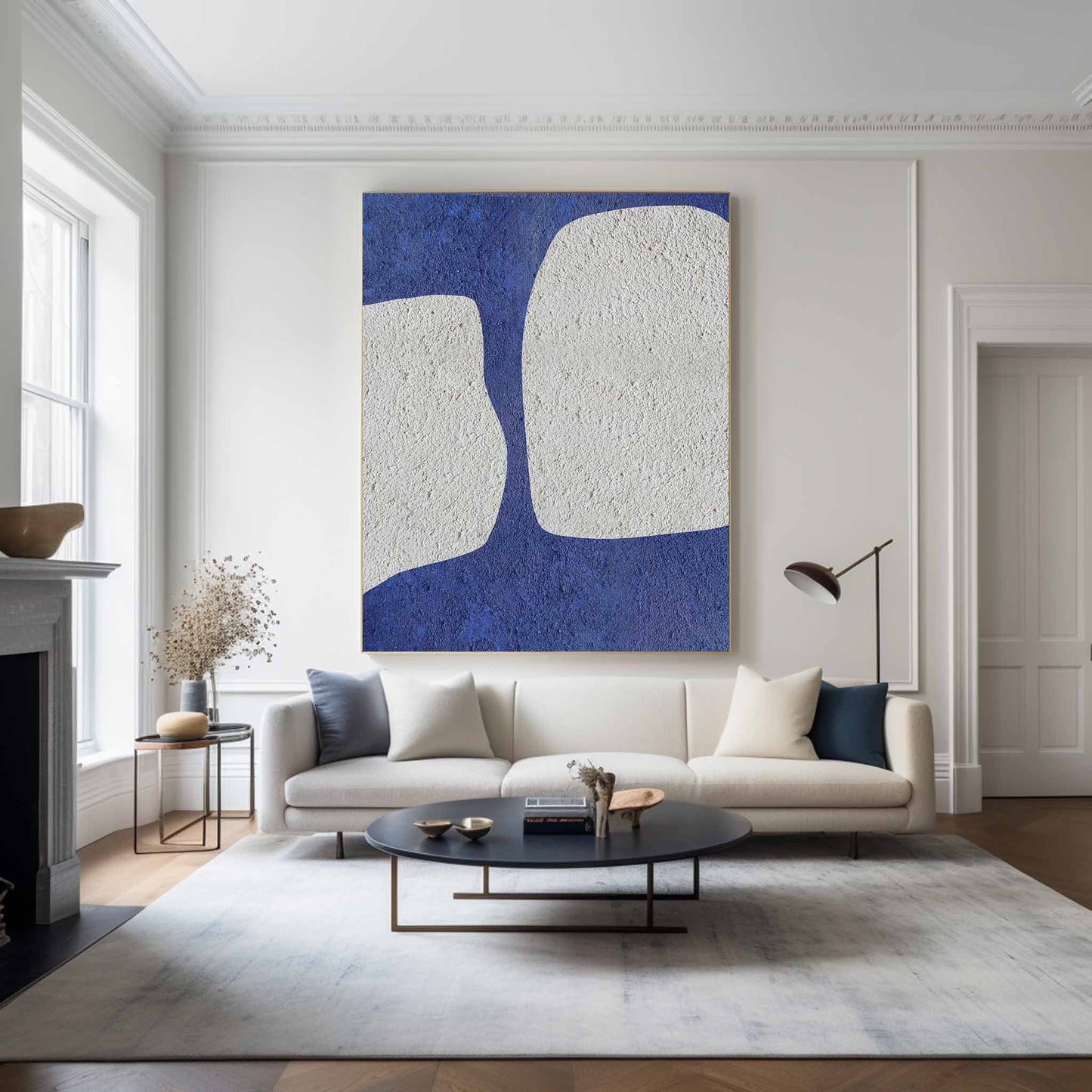 Elegant Blue and White Abstract Minimalist Oil Painting for Modern Decor