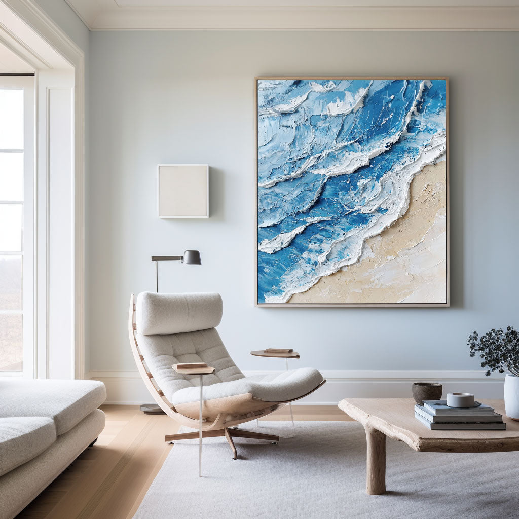 Stunning Blue and White Ocean Wave Oil Painting for Coastal Home Decor