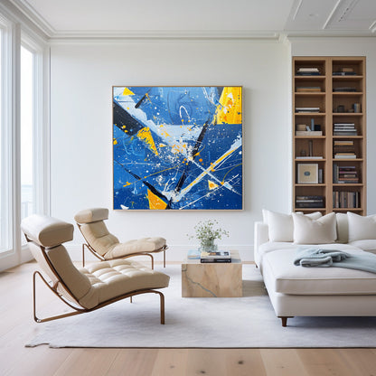 Vibrant Abstract Ocean Waves Oil Painting with Energetic Blue and Yellow Colors