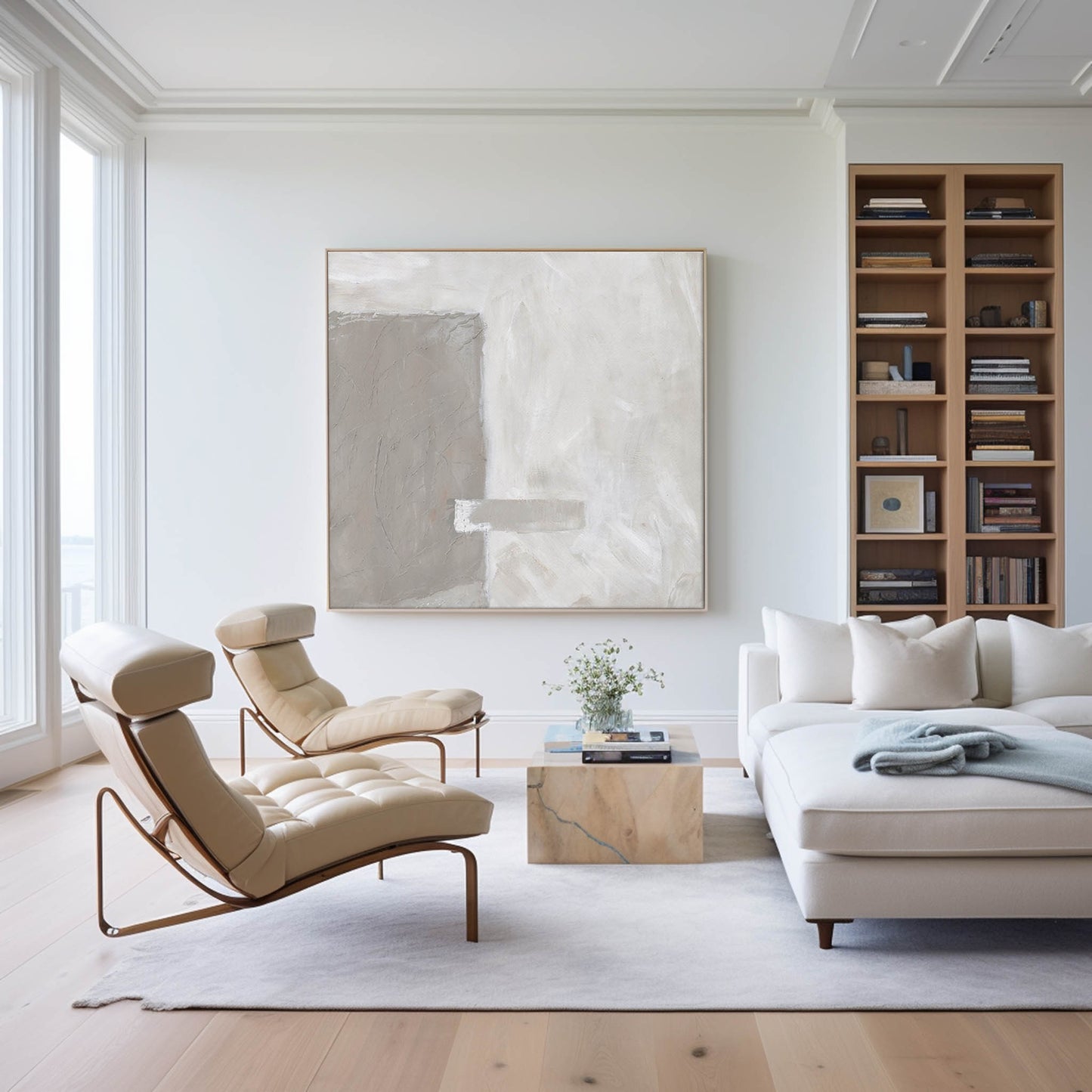 Elegant Brown and White Minimalist Abstract Oil Painting for Modern Home Decor