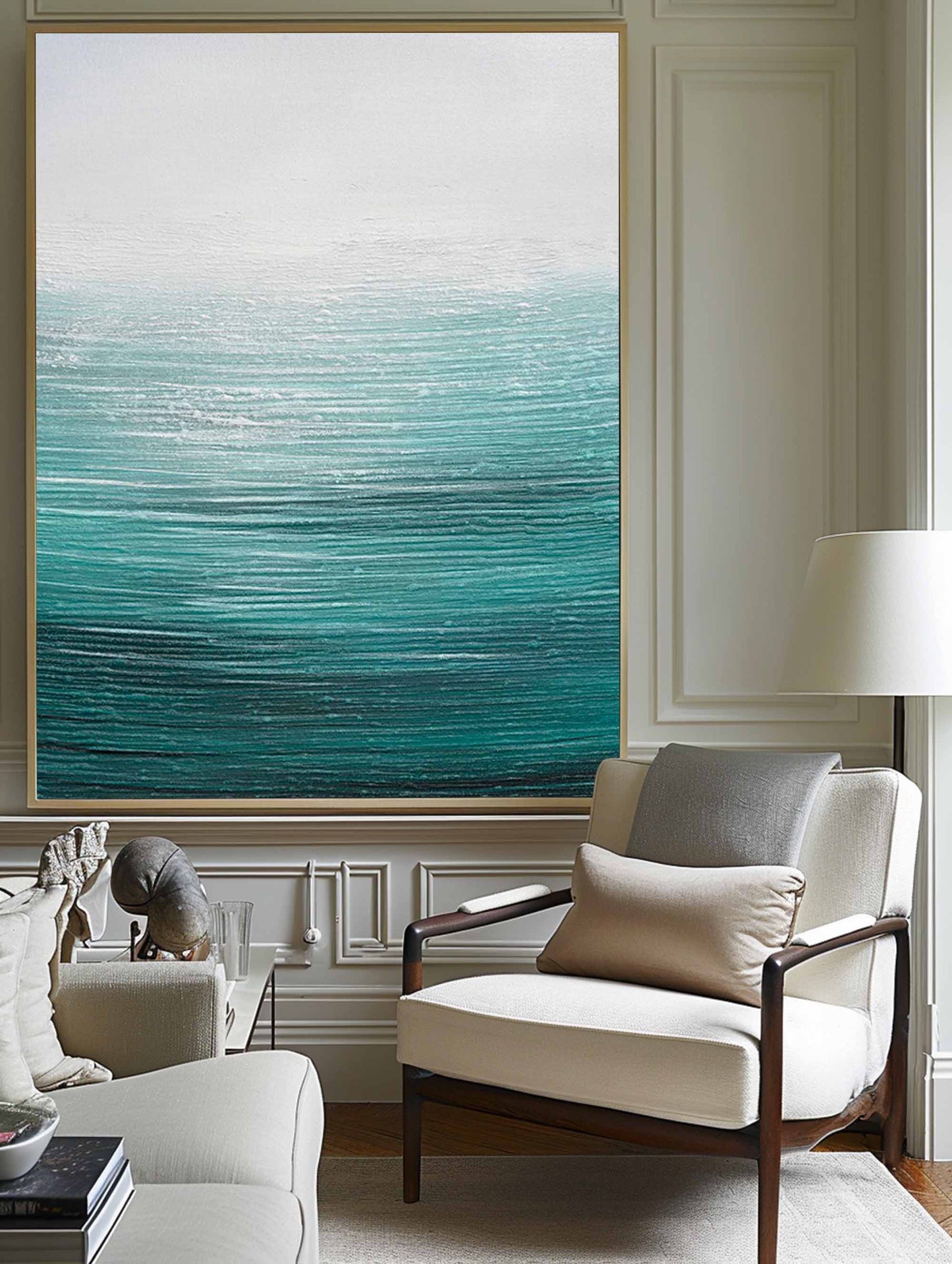 Tranquil Ocean Waves Oil Painting in Serene Blue and White Tones for Coastal Decor