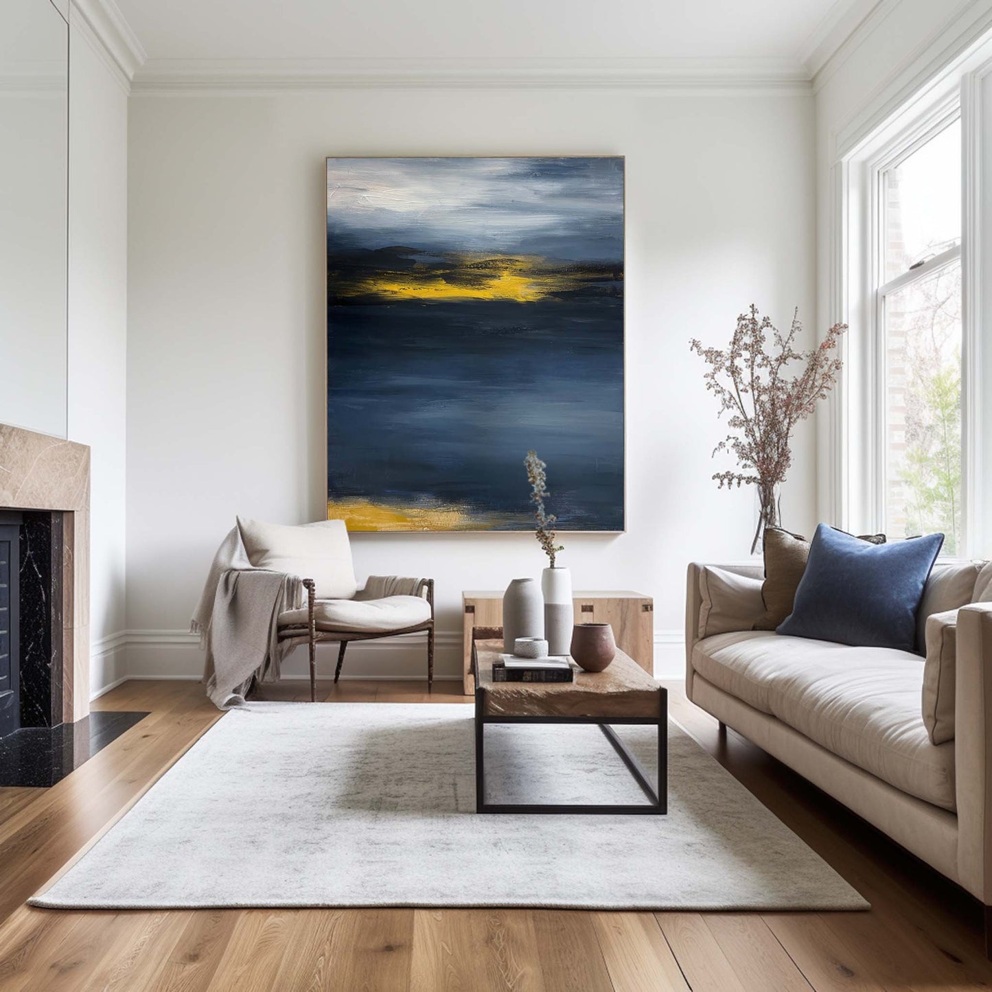 Contemporary Abstract Oil Painting with Dynamic Blue and Yellow Hues