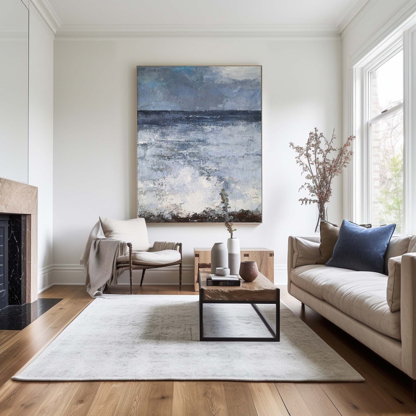 Tranquil Blue Ocean Waves Abstract Oil Painting for Coastal Decor