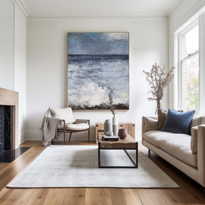 Tranquil Blue Ocean Waves Abstract Oil Painting for Coastal Decor