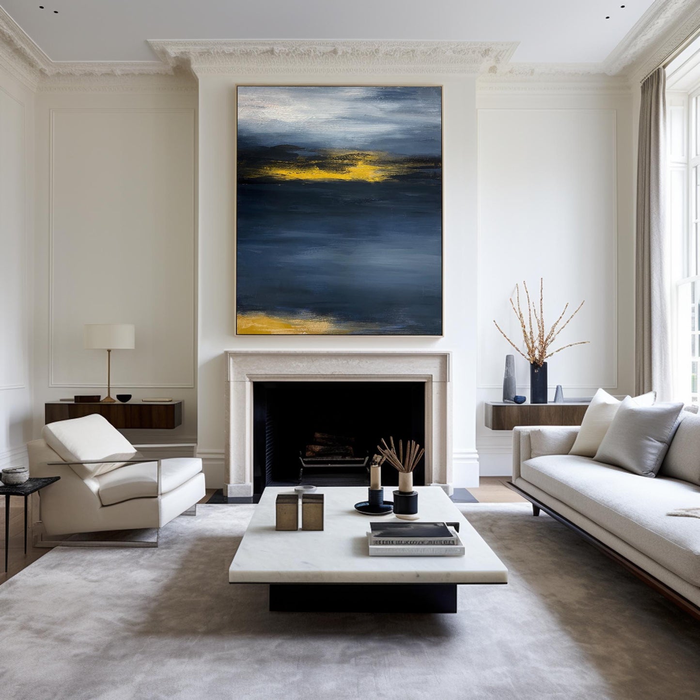 Contemporary Abstract Oil Painting with Dynamic Blue and Yellow Hues