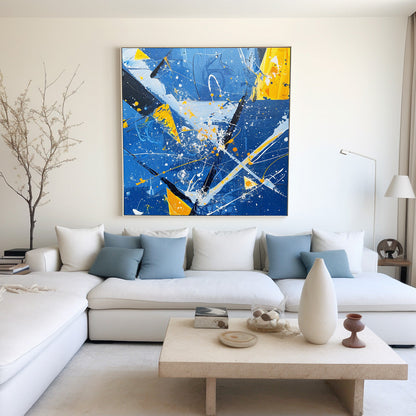 Vibrant Abstract Ocean Waves Oil Painting with Energetic Blue and Yellow Colors