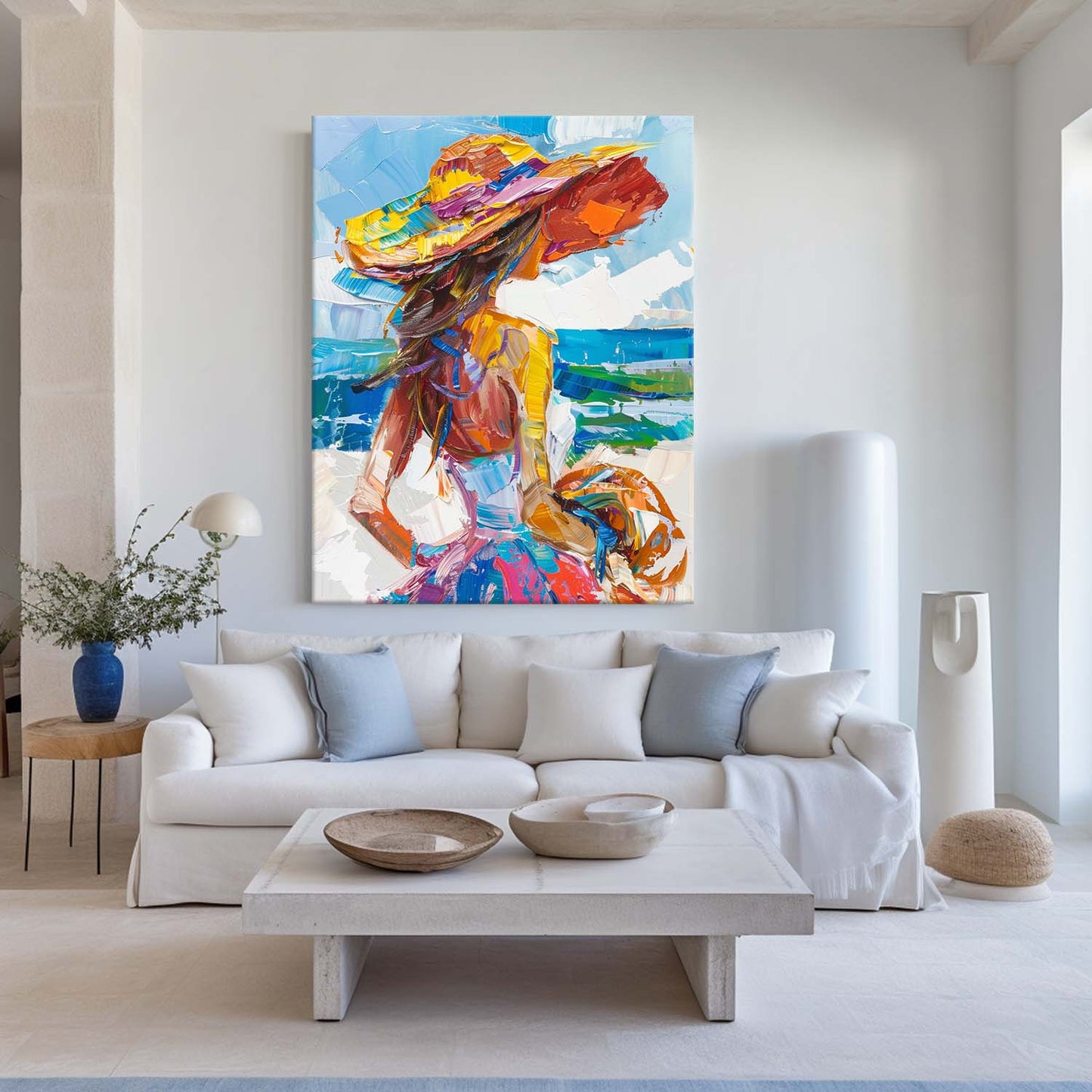 Vibrant Coastal Woman in Hat | Colorful Abstract Oil Painting for Modern Decor