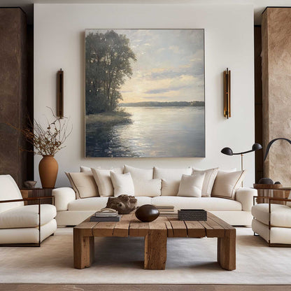 Serene Sunset Reflections on Water - Modern Oil Landscape Painting for Home Decor