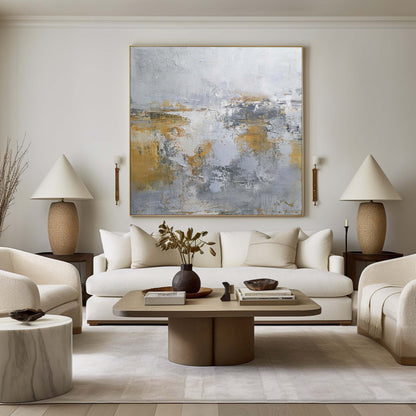 Abstract Modern Coastal Landscape in Soft Pastels and Gold Tones for Elegant Decor