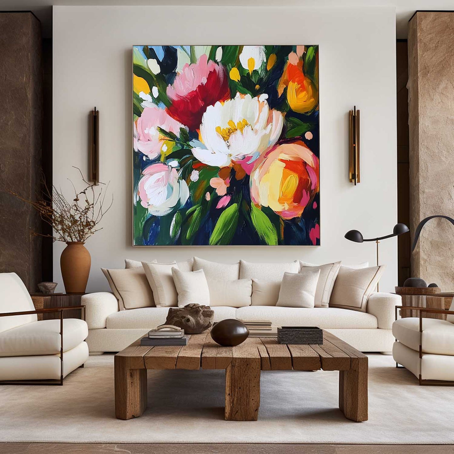 Vibrant Floral Oil Painting with Bold Colors and Modern Abstract Design