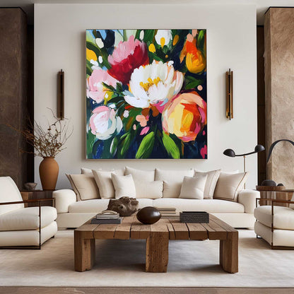 Vibrant Floral Oil Painting with Bold Colors and Modern Abstract Design