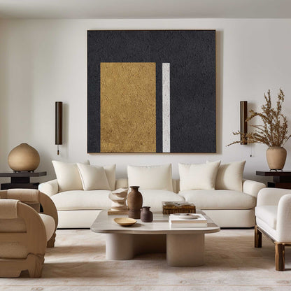 Elegant Black Gold White Minimalist Oil Painting for Modern Home Decor