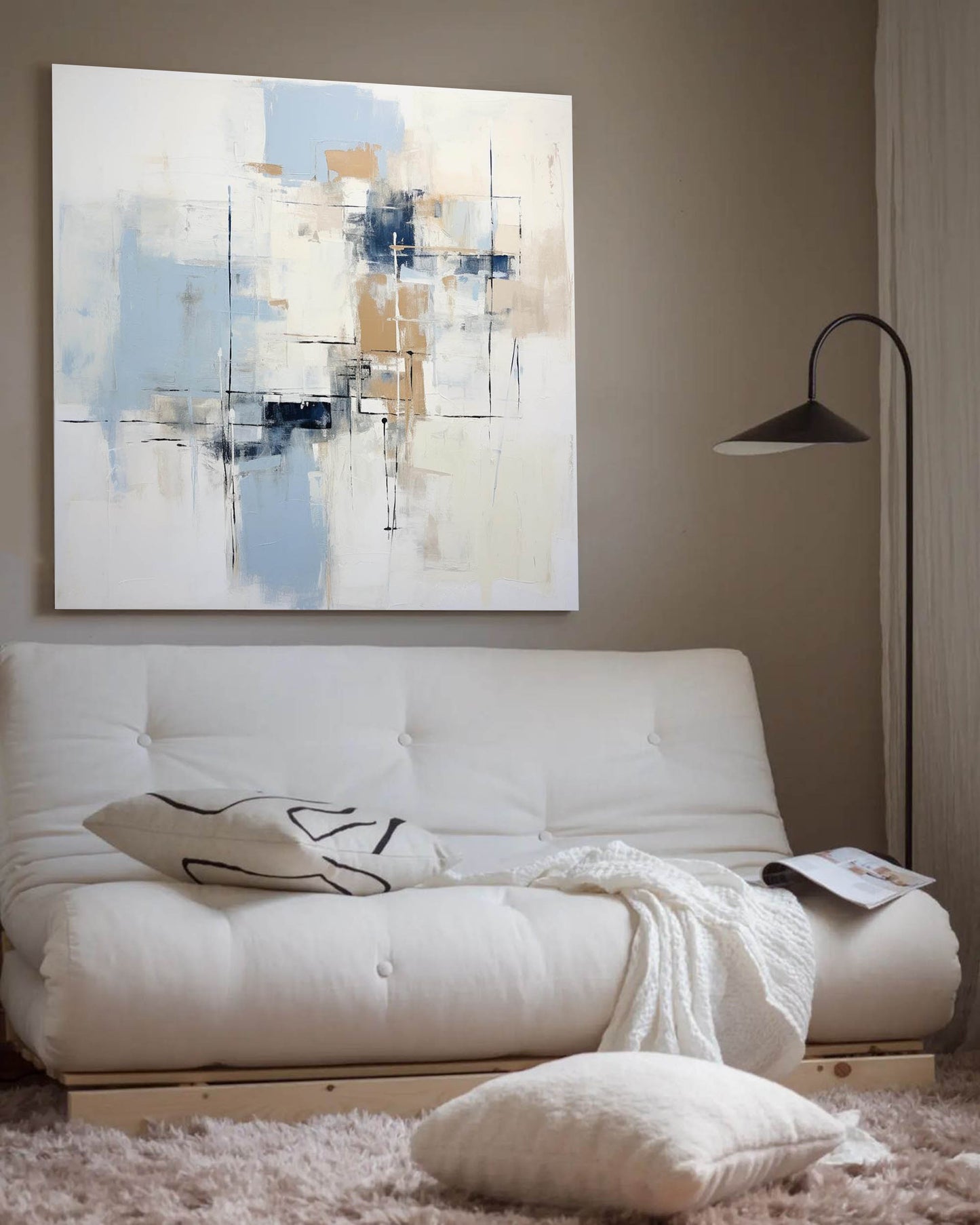 Serene Abstract Oil Painting with Soft Blue and Neutral Tones for Modern Decor