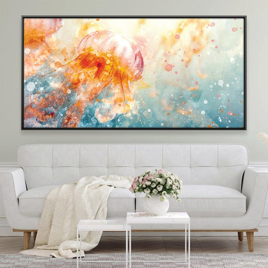 Colorful Jellyfish Oil Painting with Abstract Aqua Background