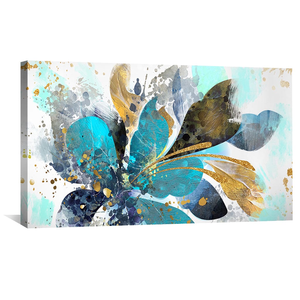 Vibrant Aqua and Gold Floral Abstract Oil Painting for Modern Home Decor