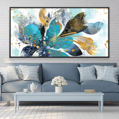 Vibrant Aqua and Gold Floral Abstract Oil Painting for Modern Home Decor