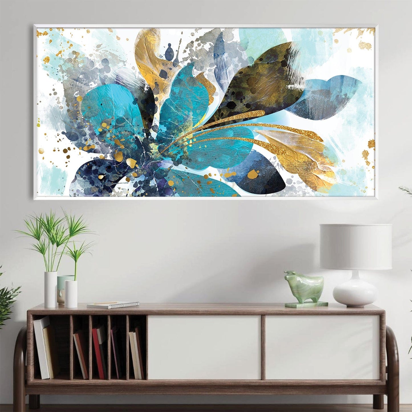 Vibrant Aqua and Gold Floral Abstract Oil Painting for Modern Home Decor