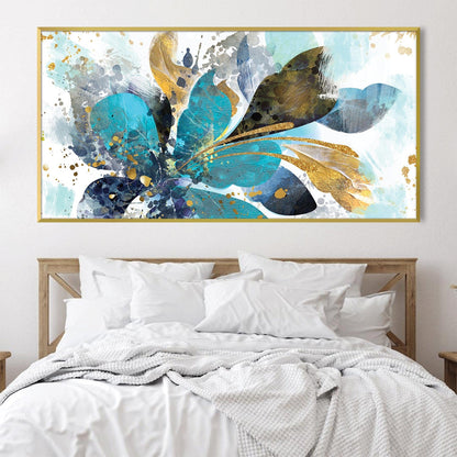 Vibrant Aqua and Gold Floral Abstract Oil Painting for Modern Home Decor