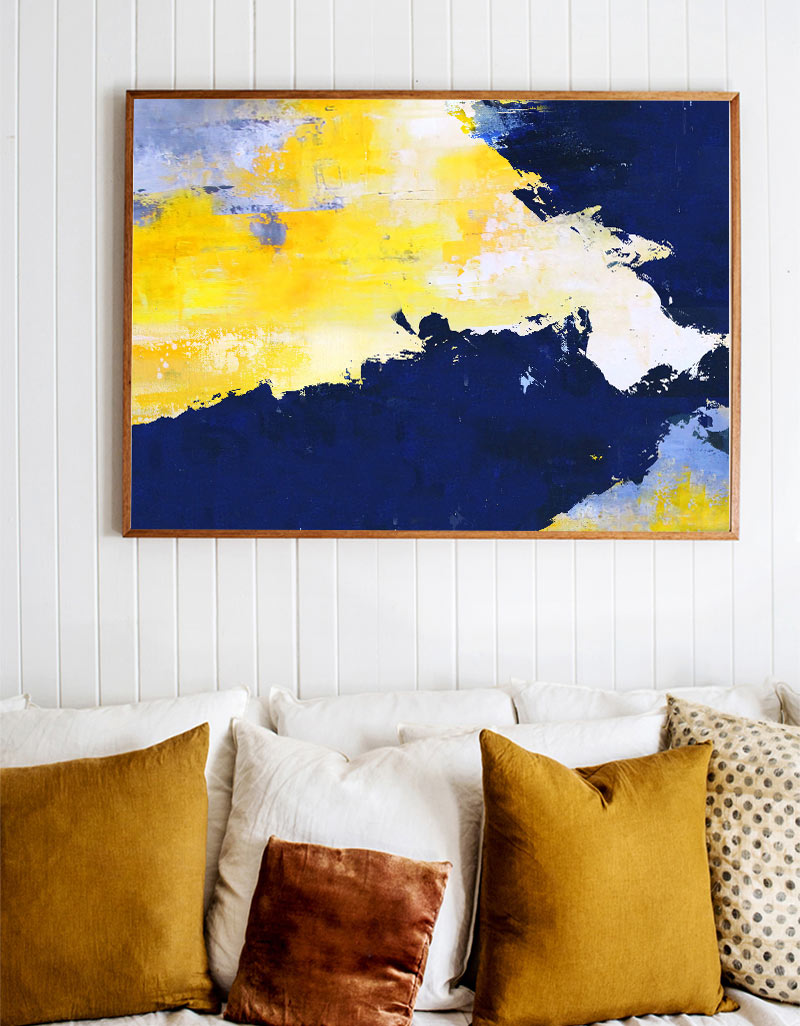 Vibrant Blue and Yellow Abstract Oil Painting for Modern Home Decor