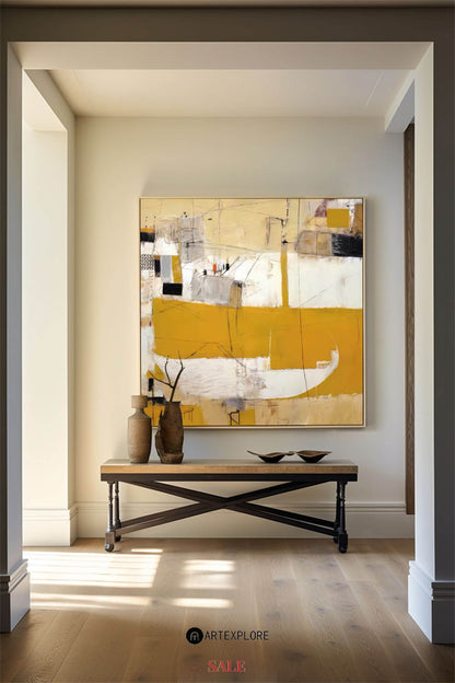 Contemporary Abstract Oil Painting with Yellow and White Harmony for Modern Decor