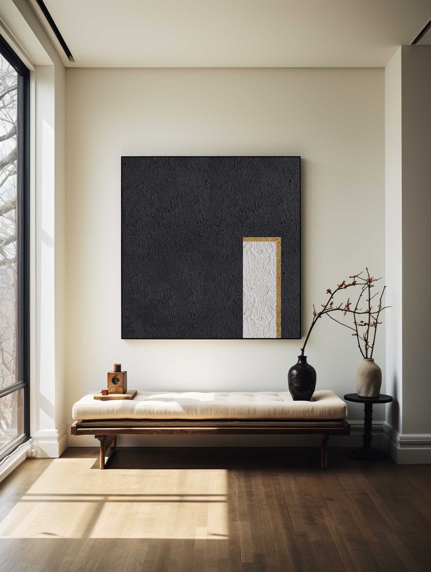Elegant Minimalist Black White Gold Oil Painting for Contemporary Decor